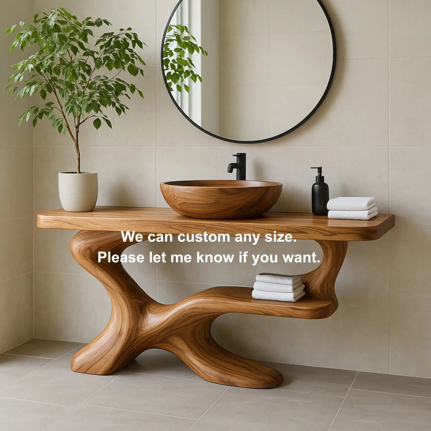 Handcrafted Solid Wood Vanity with Sculptural Flow Design and Contemporary Natural Form Kitchnce