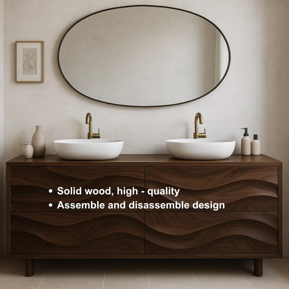 Handcrafted Solid Wood Bathroom Vanity – Organic Wave Front Double Sink Cabinet with Modern Brass Fixtures Kitchnce