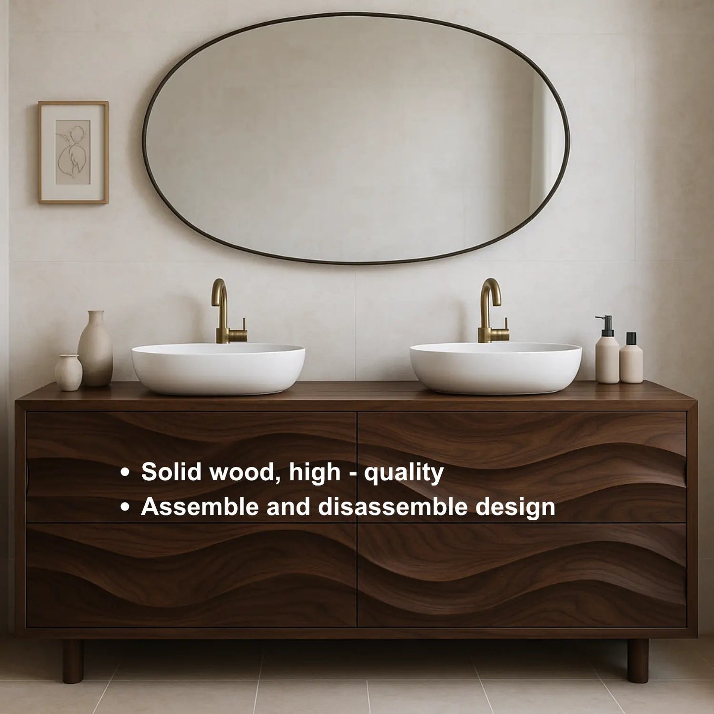 Handcrafted Solid Wood Bathroom Vanity – Organic Wave Front Double Sink Cabinet with Modern Brass Fixtures Kitchnce