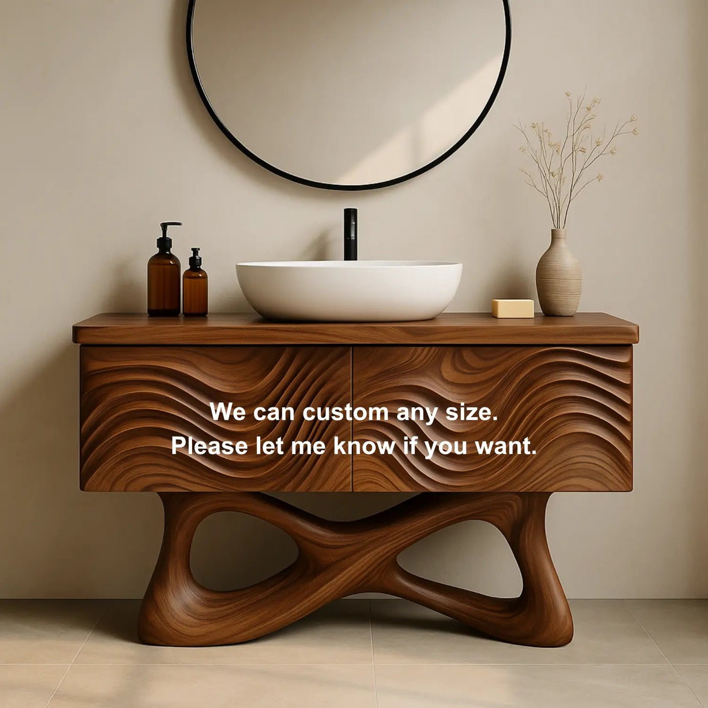 Handcrafted Solid Walnut Bathroom Vanity – Sculptural Wave Front with Organic Twisted Base Design Kitchnce