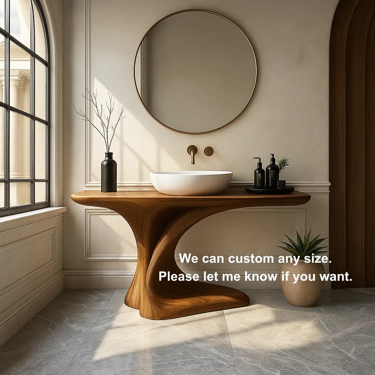 Handcrafted Solid Wood Bathroom Vanity – Organic Sculptural Flow Design with Artistic Curved Base Kitchnce