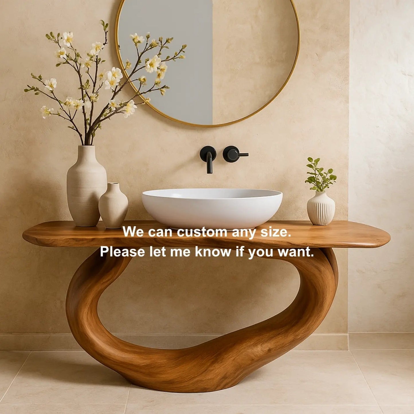 Handcrafted Solid Wood Bathroom Vanity – Organic Sculptural Flow Base in Natural Finish Kitchnce