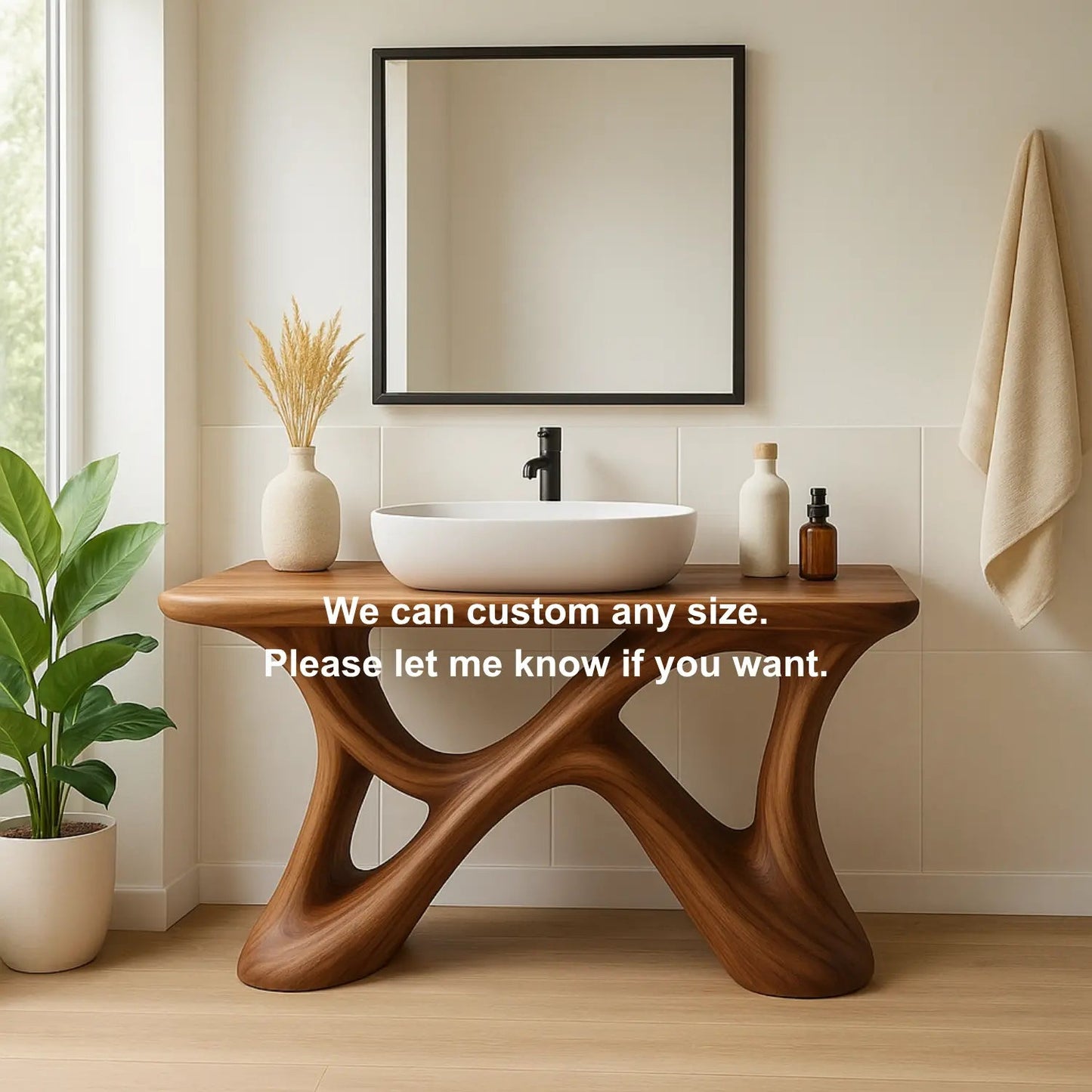 Handcrafted Solid Wood Bathroom Vanity – Sculptural Organic X-Form Base with Modern Artistic Flow Kitchnce