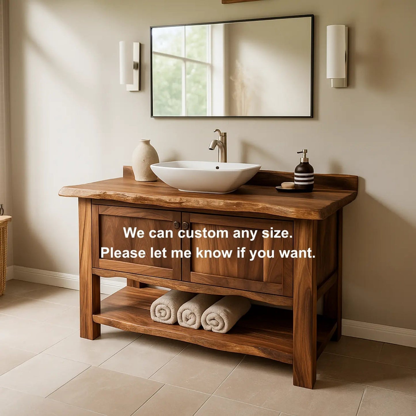 Handcrafted Solid Wood Bathroom Vanity – Rustic Live Edge Design with Open Shelf Storage Kitchnce