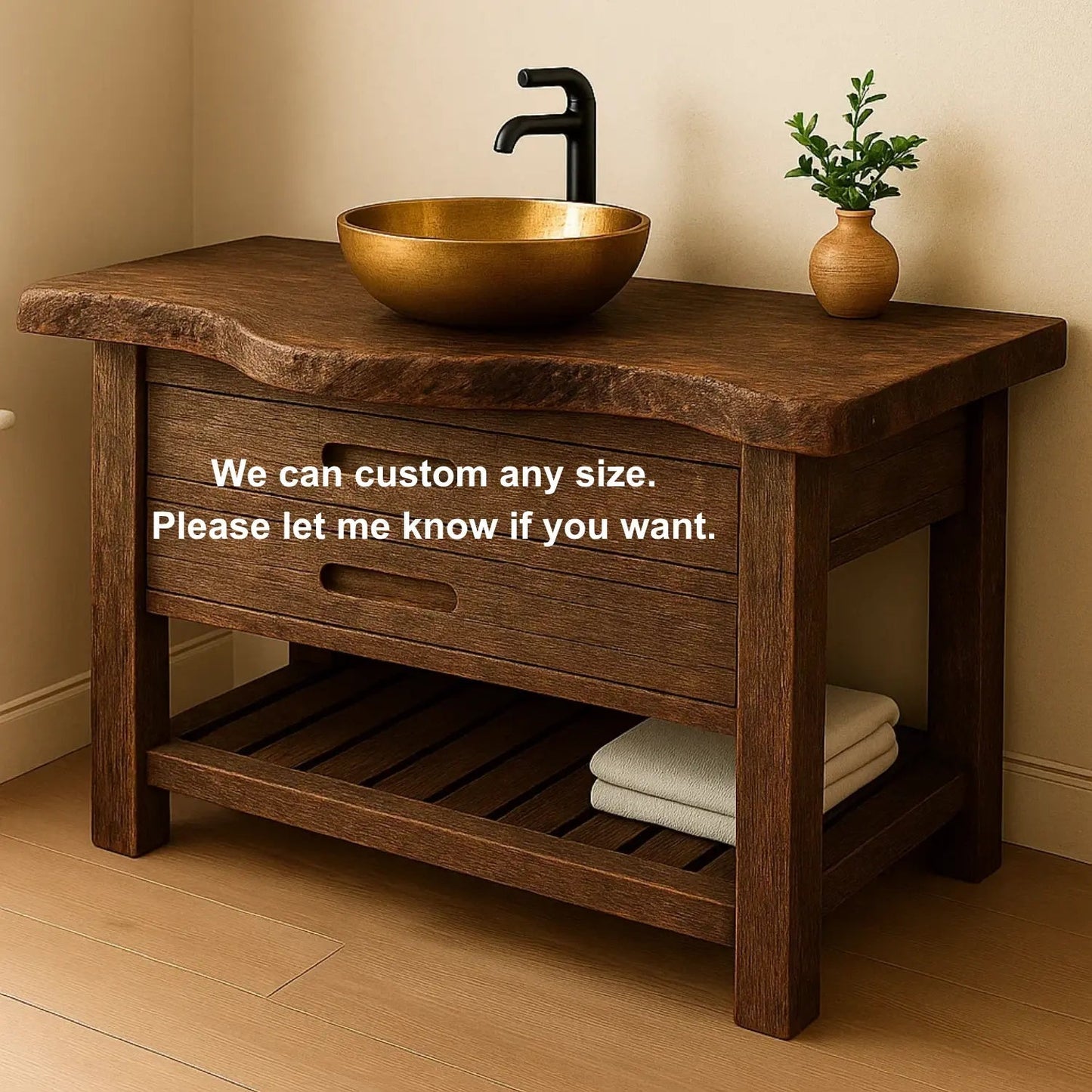 Handcrafted Solid Wood Bathroom Vanity – Rustic Live Edge Base with Drawers and Slatted Shelf Kitchnce