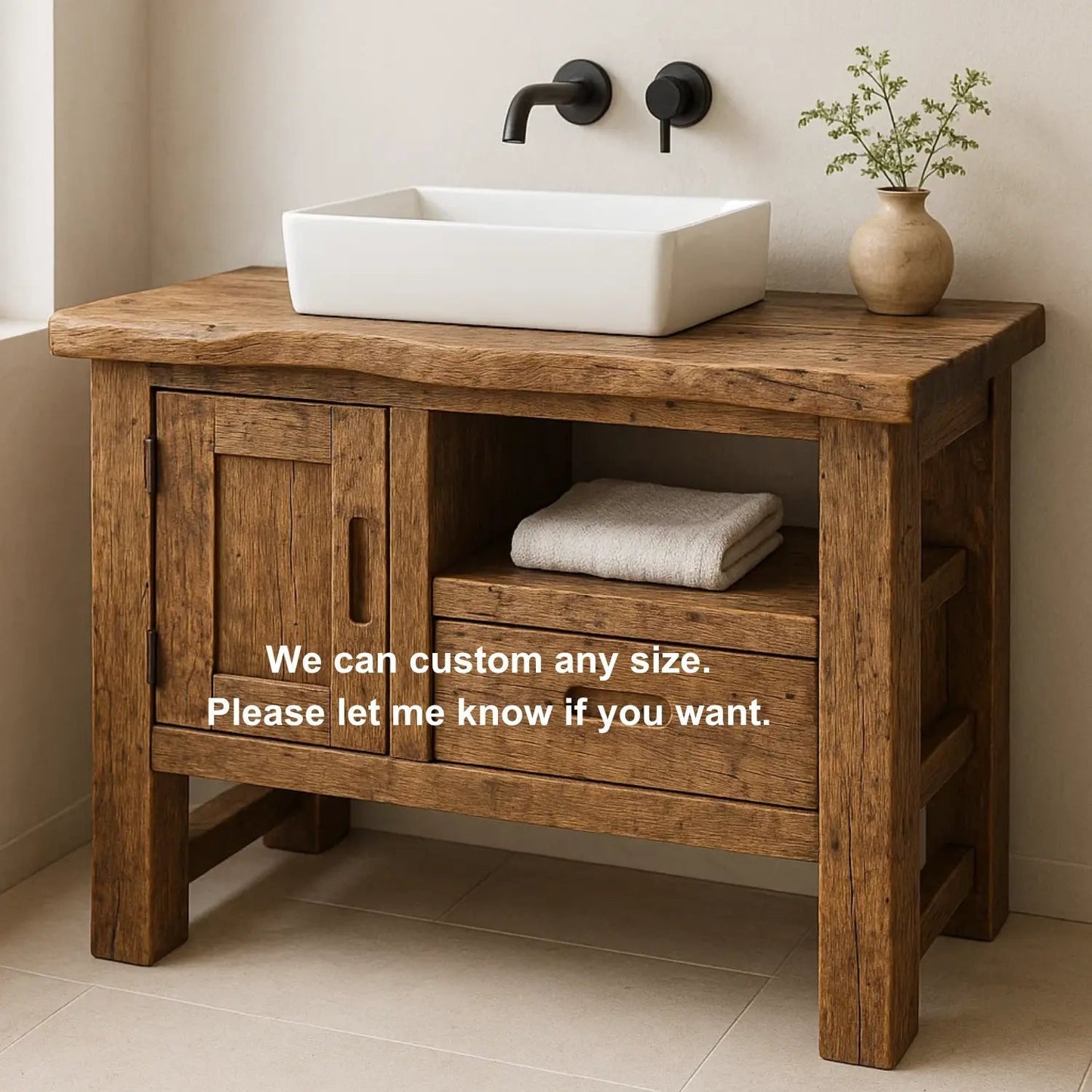 Handcrafted Solid Wood Bathroom Vanity – Rustic Live Edge Base with Drawer and Cabinet Storage Kitchnce