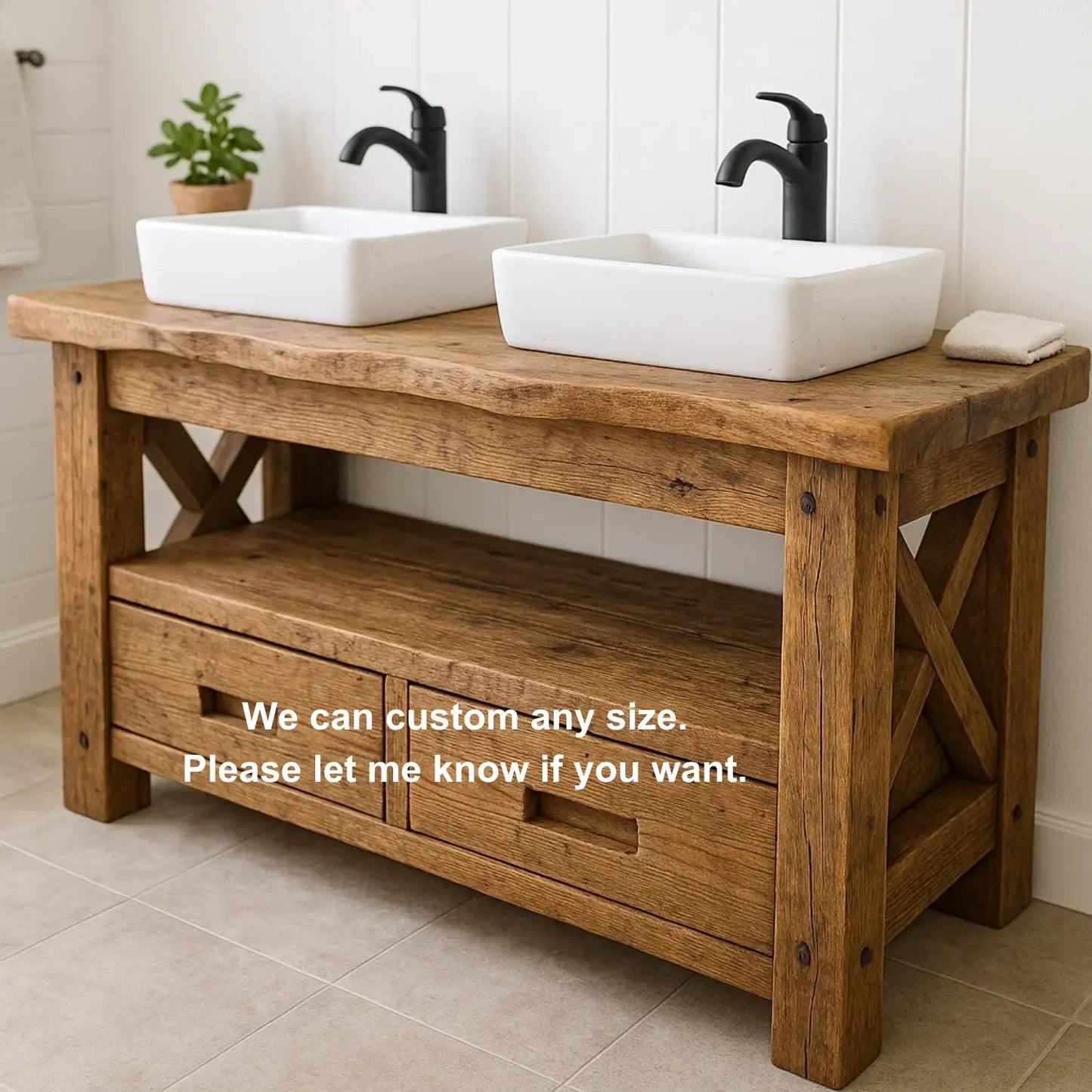 Handcrafted Solid Wood Bathroom Vanity – Rustic Live Edge Double Base with Drawers and Cross-Leg Design Kitchnce