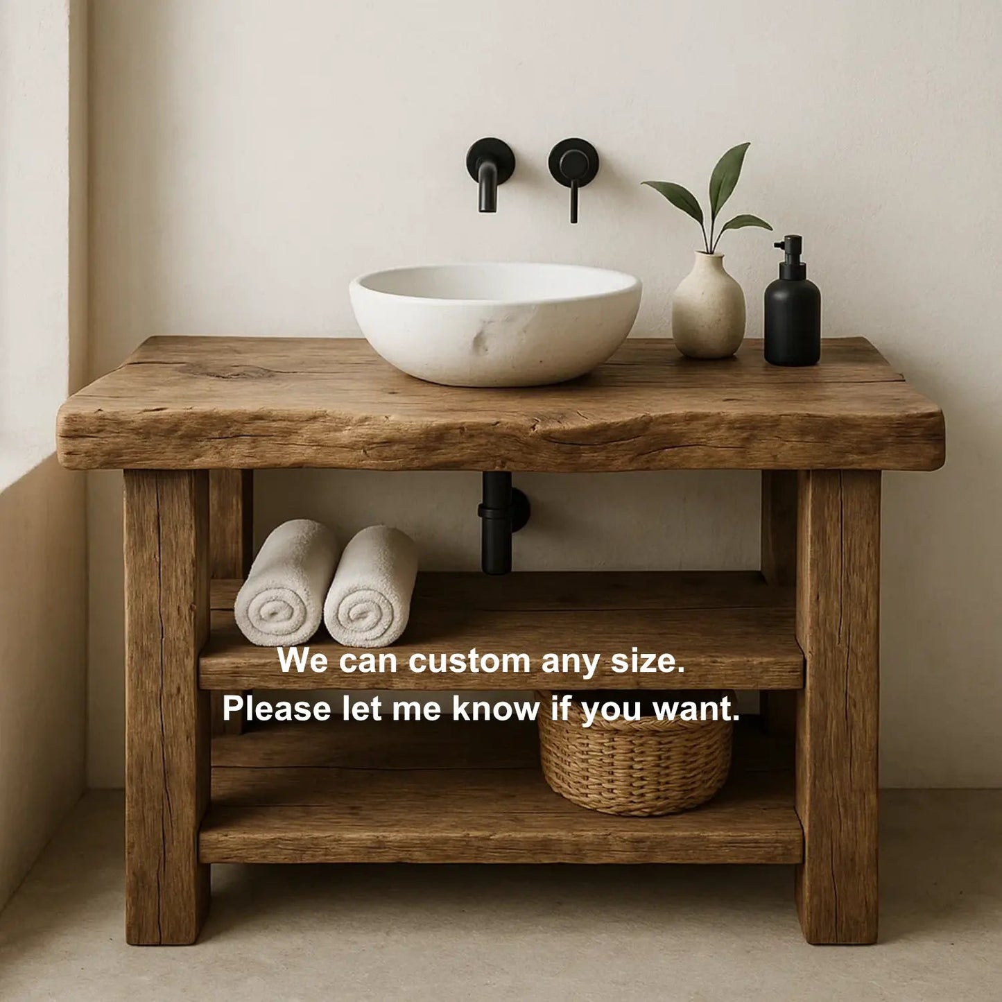 Handcrafted Solid Wood Bathroom Vanity – Rustic Live Edge Base with Double Open Shelves Kitchnce