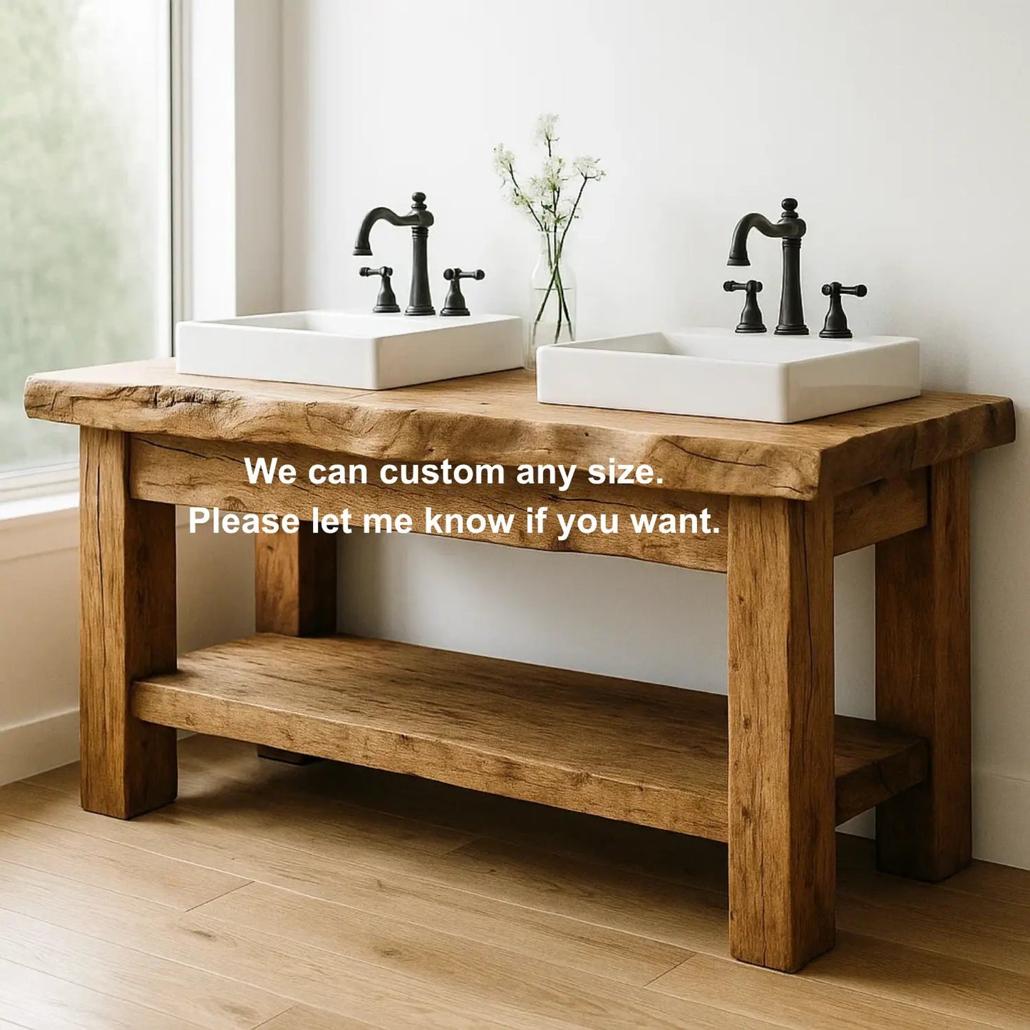 Handcrafted Solid Wood Bathroom Vanity – Rustic Double Live Edge Base with Open Shelf Kitchnce