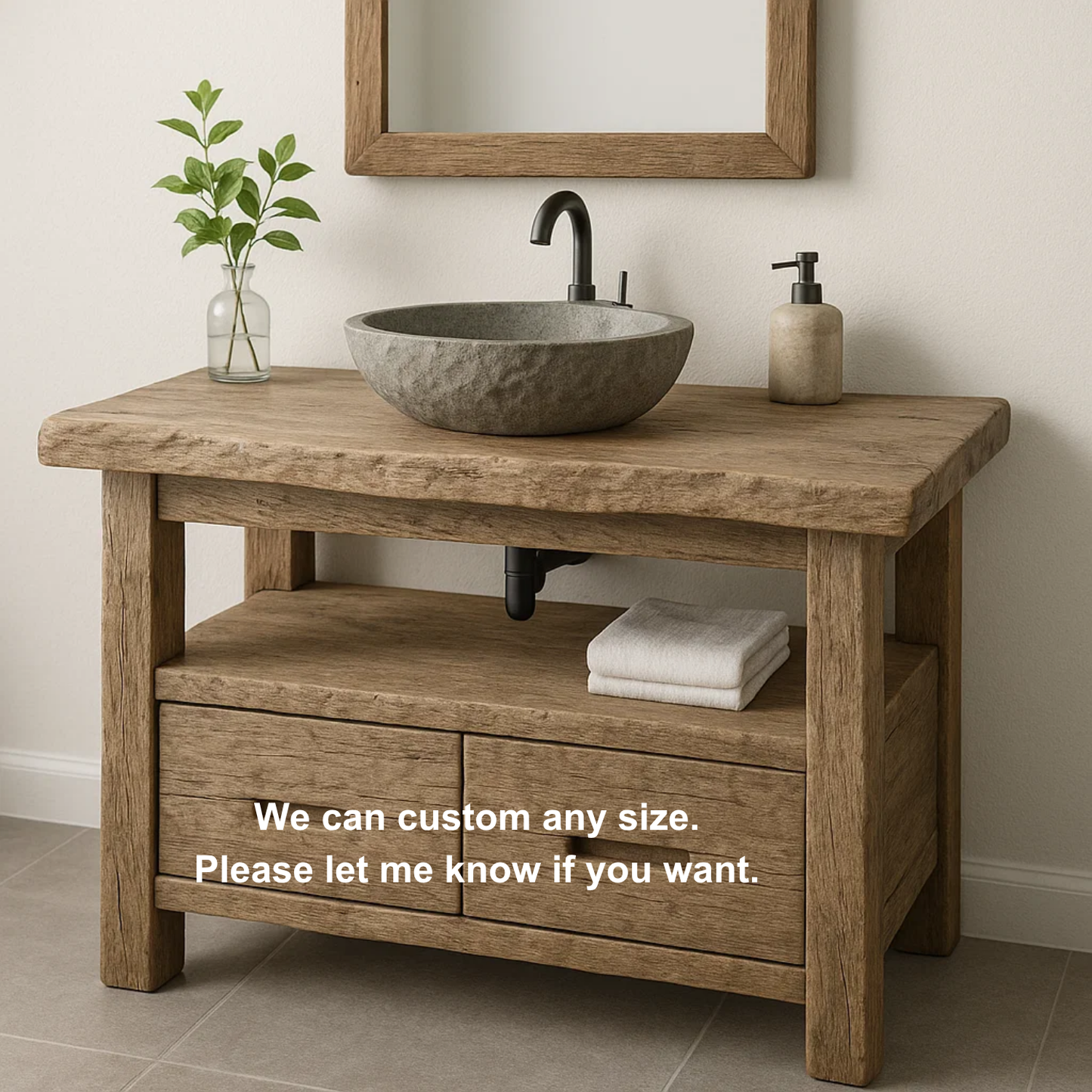 Handcrafted Solid Wood Bathroom Vanity – Rustic Live Edge Base with Drawers and Open Shelf Kitchnce