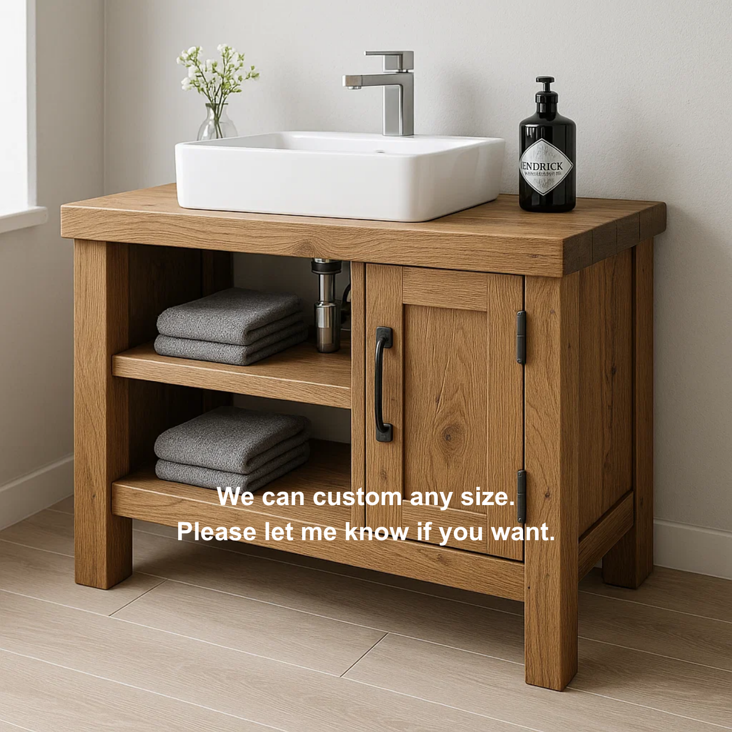 Handcrafted Solid Wood Bathroom Vanity – Modern Rustic Base with Door and Open Shelves Kitchnce
