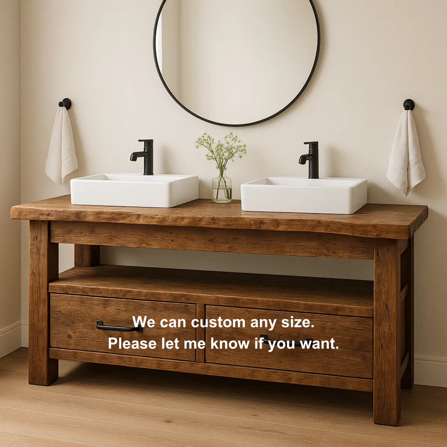Rustic Handcrafted Solid Wood Double Vanity – Live Edge Base with Drawers and Open Shelf Kitchnce