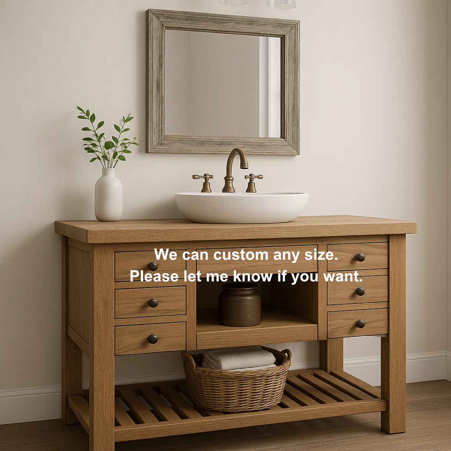 Handcrafted Solid Wood Vanity – Farmhouse Style Bathroom Base with 6 Drawers and Open Shelf Kitchnce