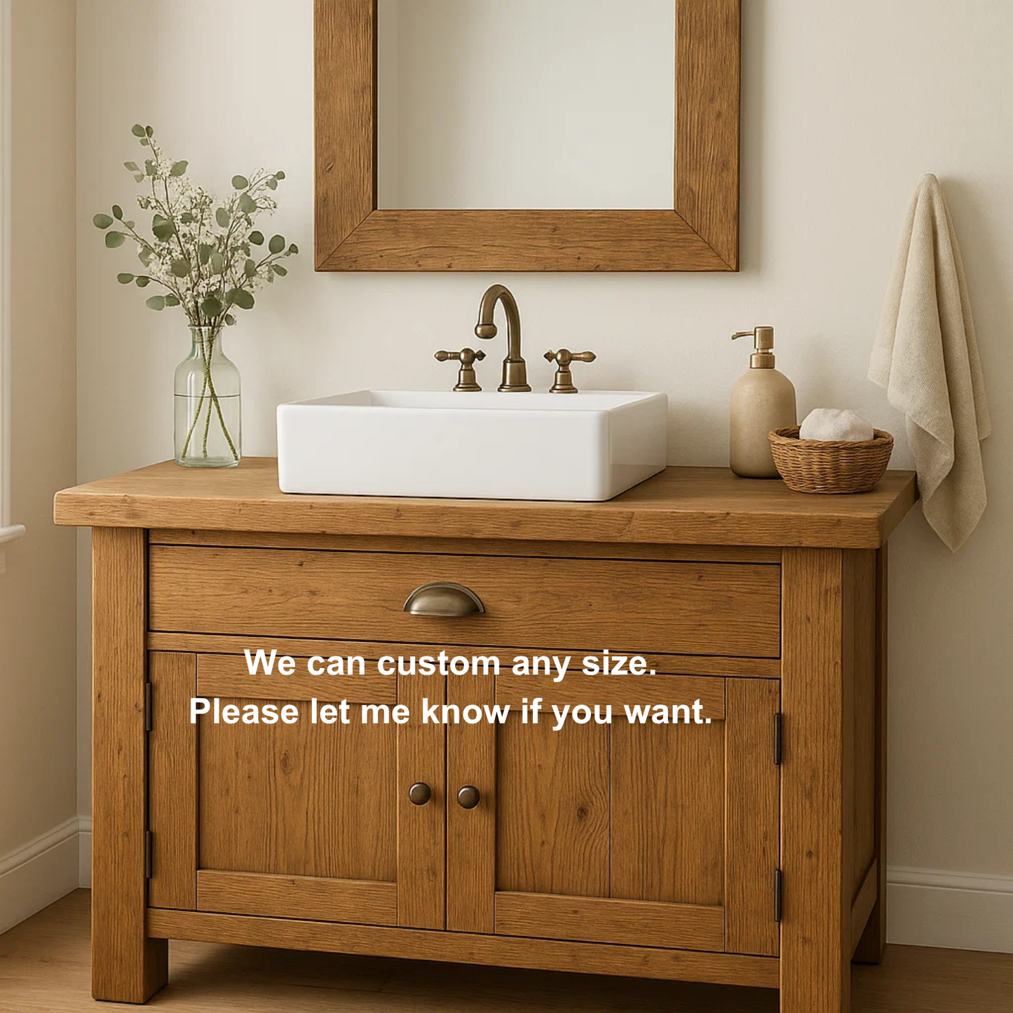 Handcrafted Solid Wood Bathroom Vanity – Rustic Farmhouse Base with Drawer and Double Door Cabinet Kitchnce