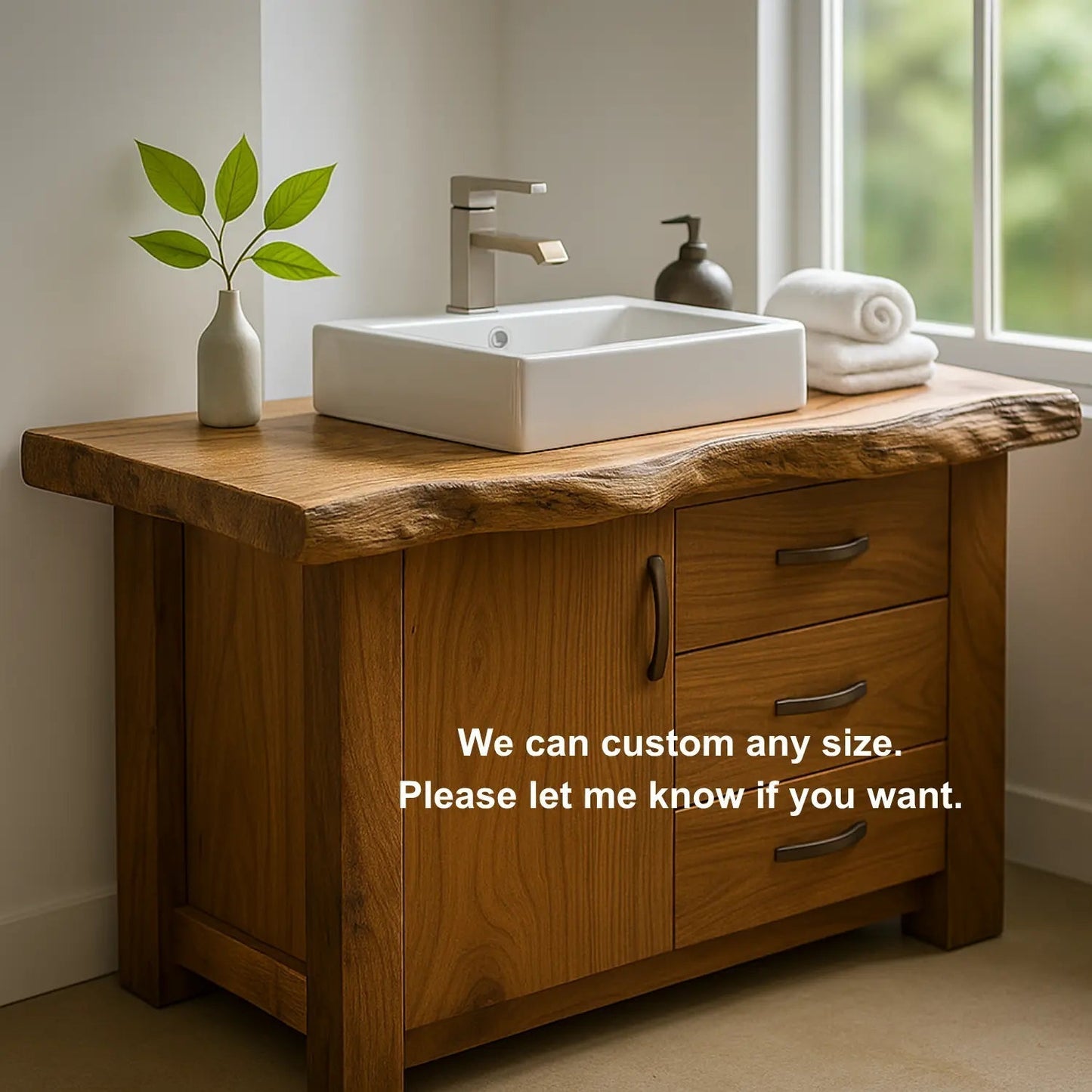 Handcrafted Solid Wood Bathroom Vanity – Live Edge Rustic Base with 3 Drawers and Cabinet Kitchnce