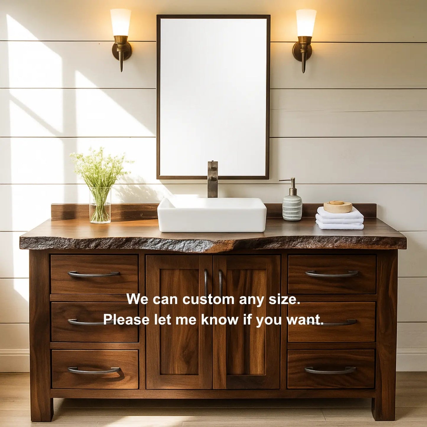 Handcrafted Solid Wood Bathroom Vanity – Live Edge Rustic Base with 6 Drawers and Double Door Cabinet Kitchnce