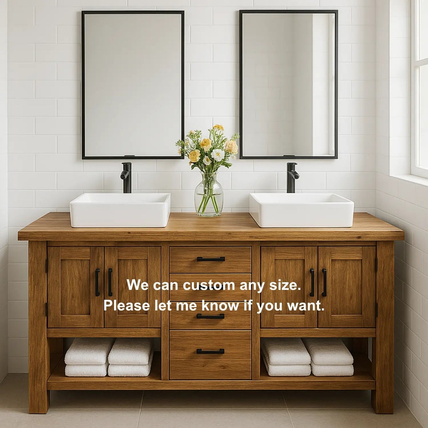 Handcrafted Solid Wood Double Bathroom Vanity – Rustic Base with Central Drawers and Side Cabinets Kitchnce