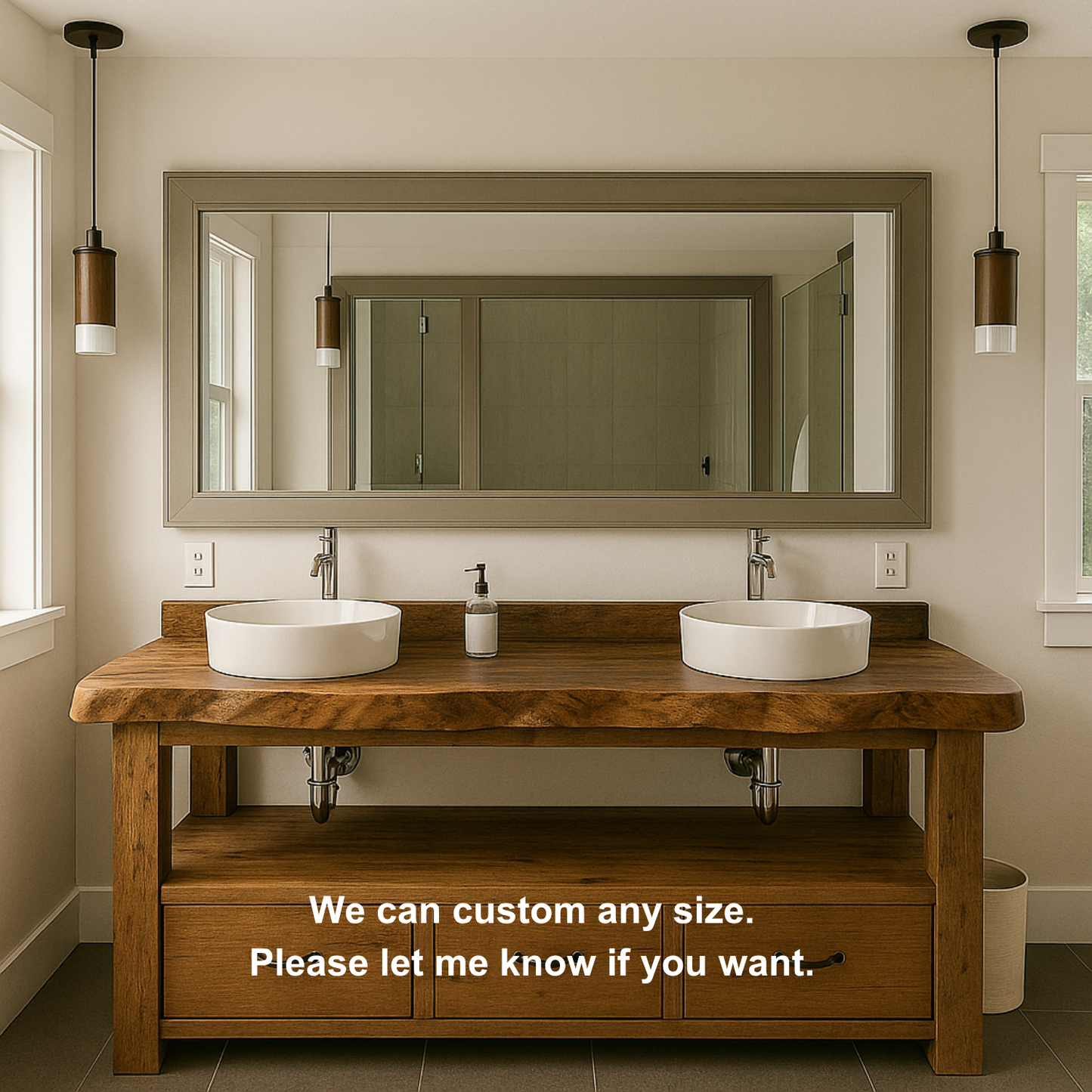 Handcrafted Solid Wood Double Vanity – Live Edge Bathroom Base with Drawers and Open Shelf Kitchnce