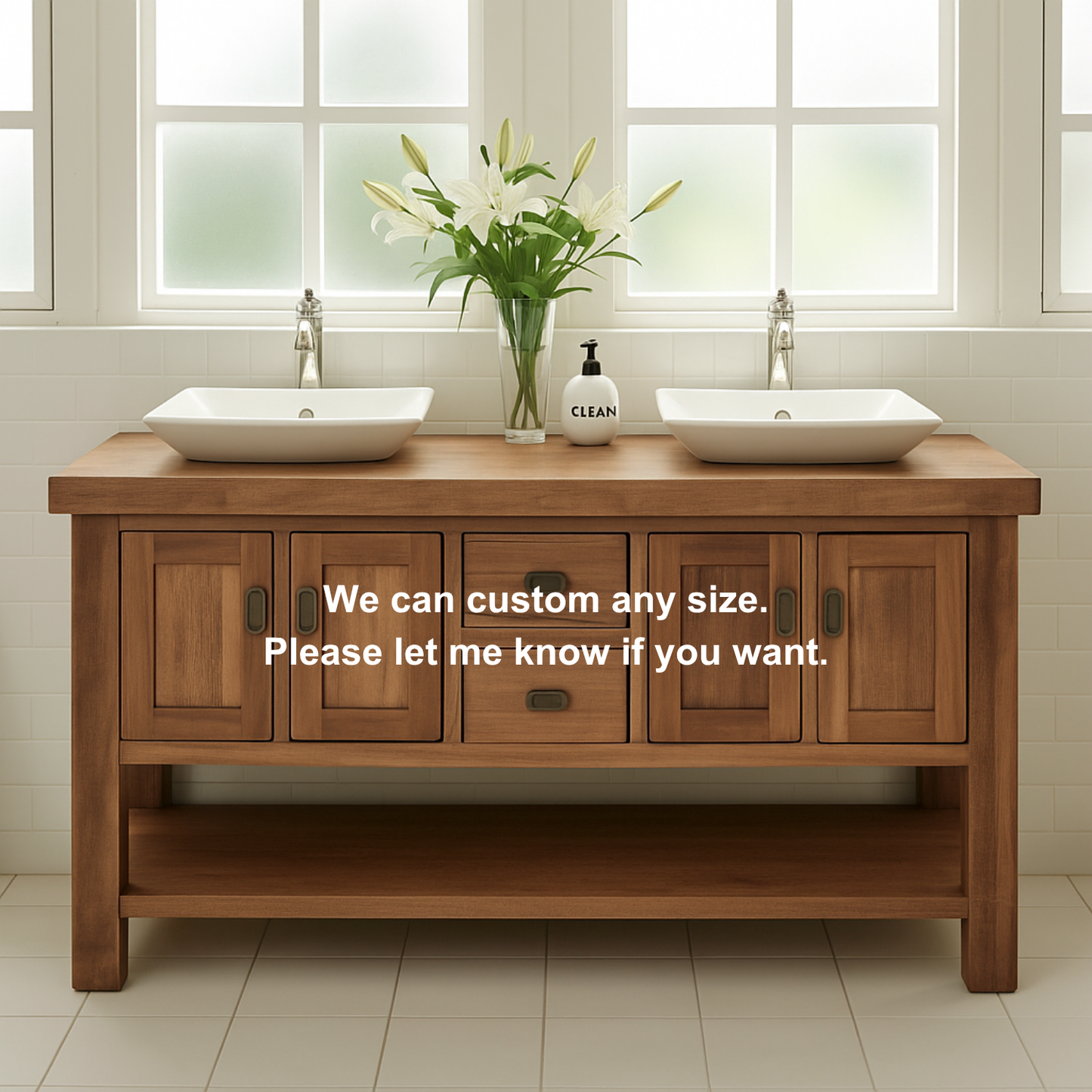 Handcrafted Solid Wood Double Bathroom Vanity – Rustic Base with Center Drawers and Open Shelf Kitchnce