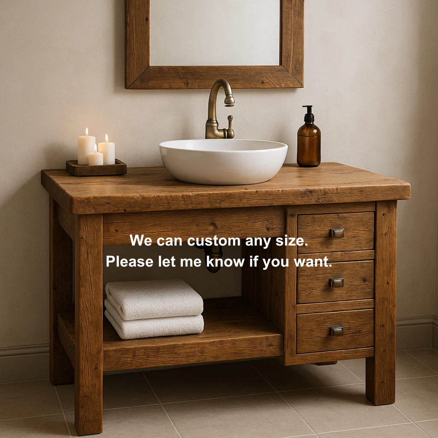 Handcrafted Solid Wood Bathroom Vanity – Rustic Base with Side Drawers and Open Shelf Kitchnce