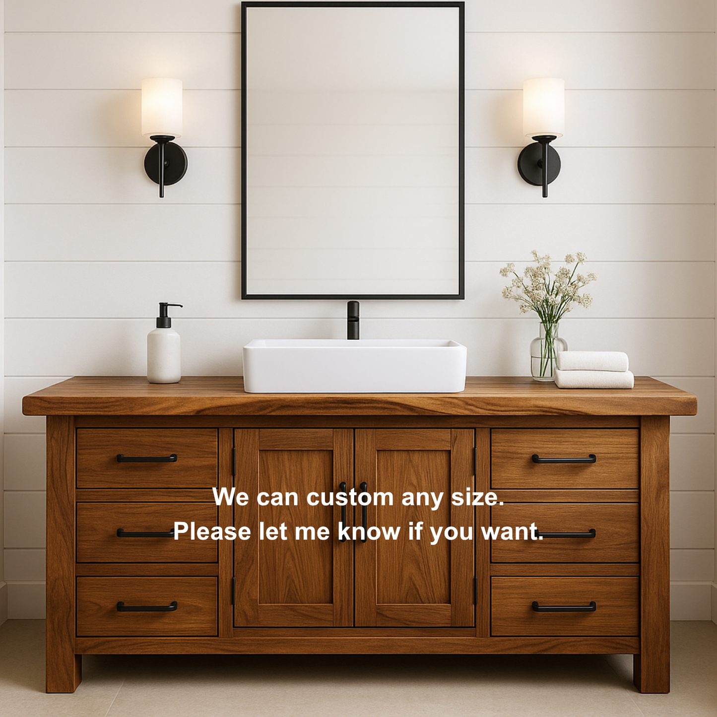 Handcrafted Solid Wood Bathroom Vanity – Rustic Base with Six Drawers and Center Cabinet Kitchnce