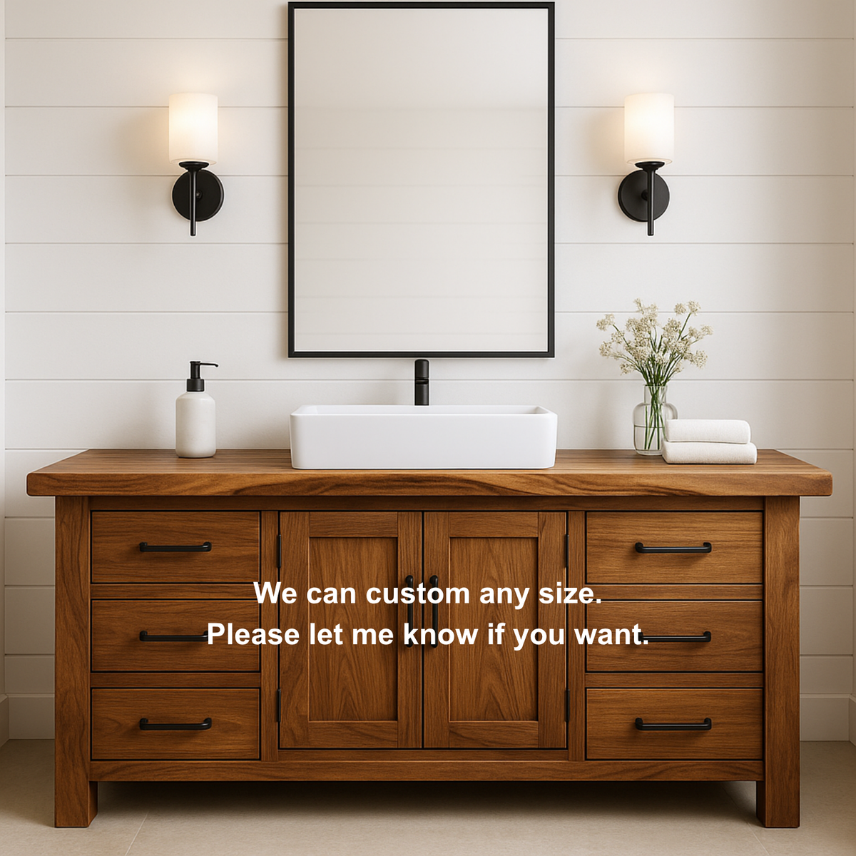 Handcrafted Solid Wood Bathroom Vanity – Rustic Base with Six Drawers and Center Cabinet Kitchnce