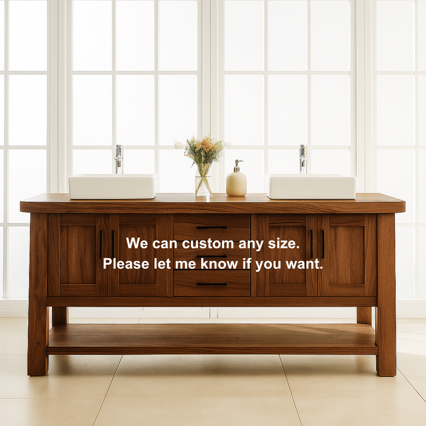 Handcrafted Solid Wood Double Bathroom Vanity – Modern Rustic Base with Center Drawers and Open Shelf Kitchnce