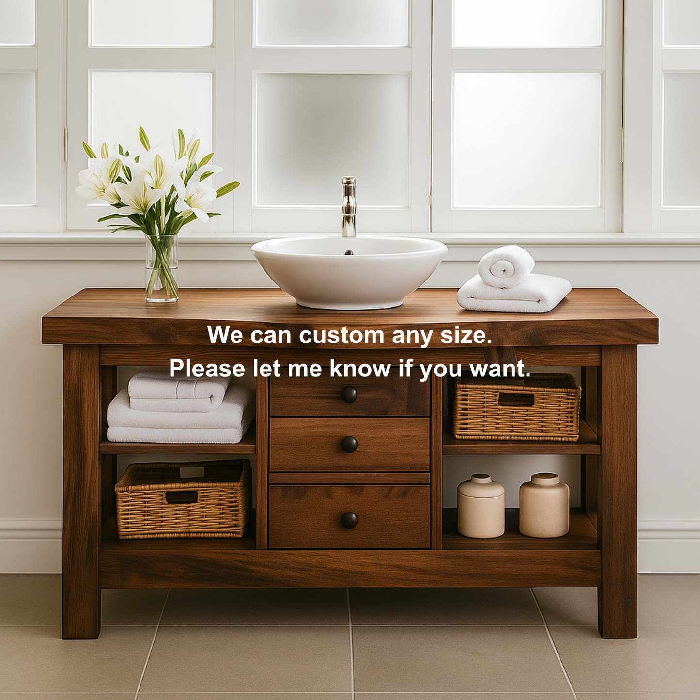 Handcrafted Solid Walnut Bathroom Vanity – Rustic Base with Open Shelves and Center Drawers Kitchnce
