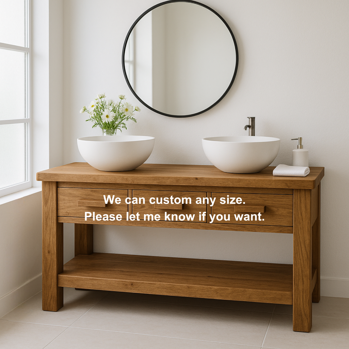 Handcrafted Solid Wood Double Bathroom Vanity – Minimal Rustic Base with 3 Drawers and Open Shelf Kitchnce
