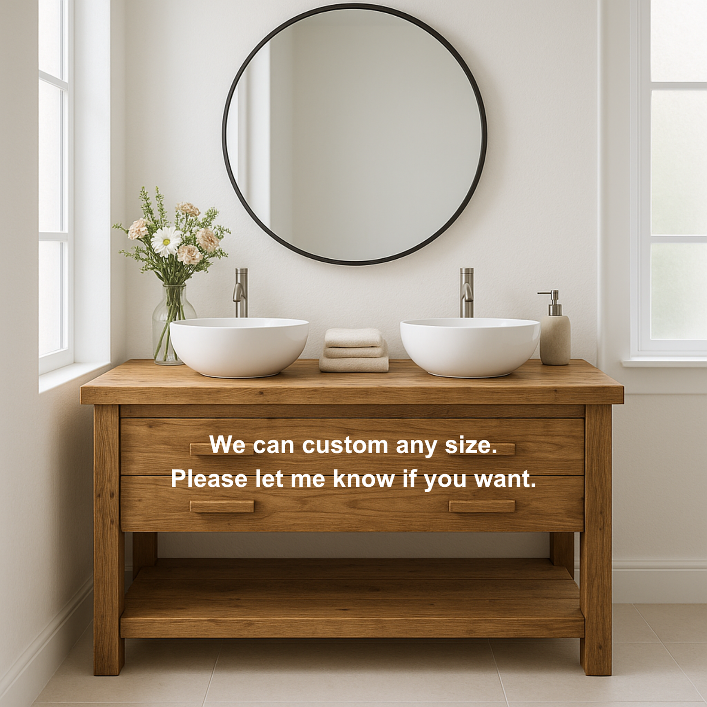 Handcrafted Solid Wood Double Bathroom Vanity – Scandinavian Rustic Base with 2 Drawers and Open Shelf Kitchnce