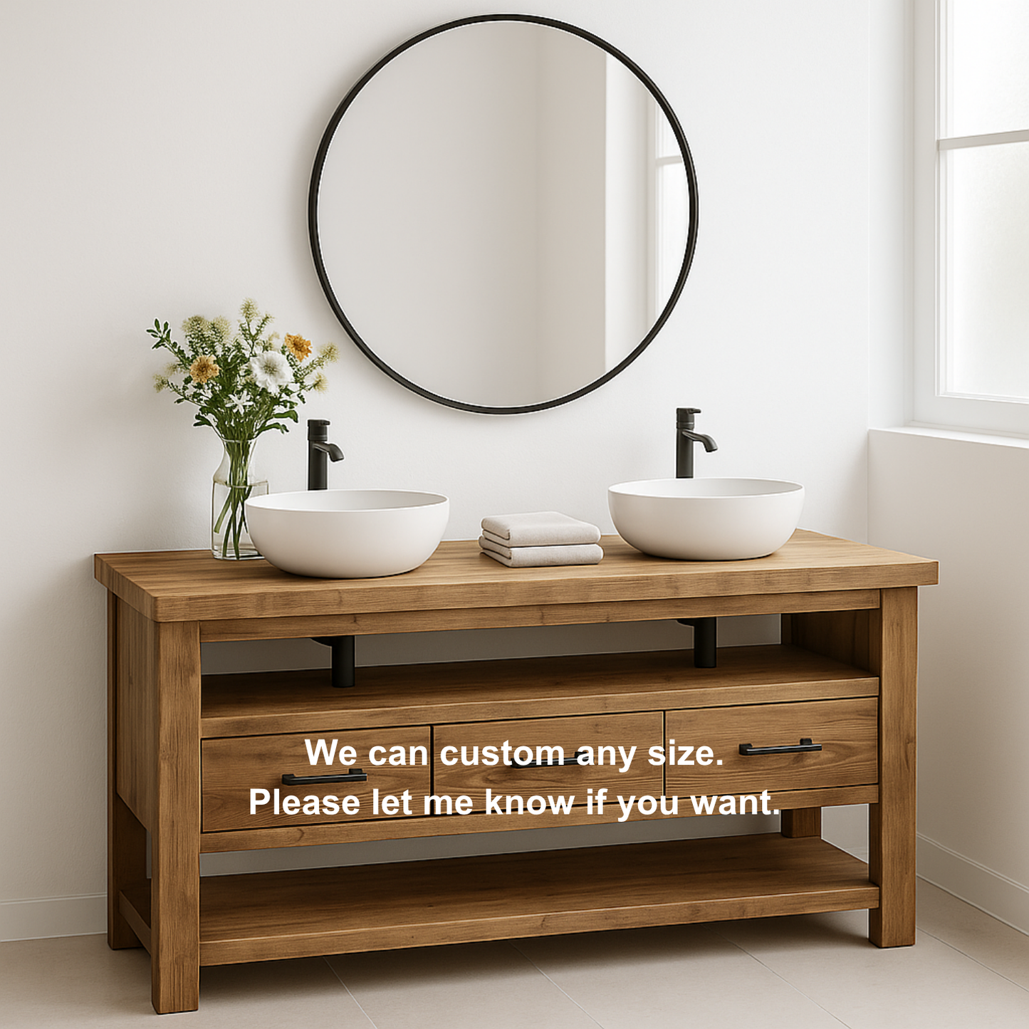 Handcrafted Solid Wood Double Sink Vanity – Modern Rustic Base with 3 Drawers and Open Shelf Kitchnce