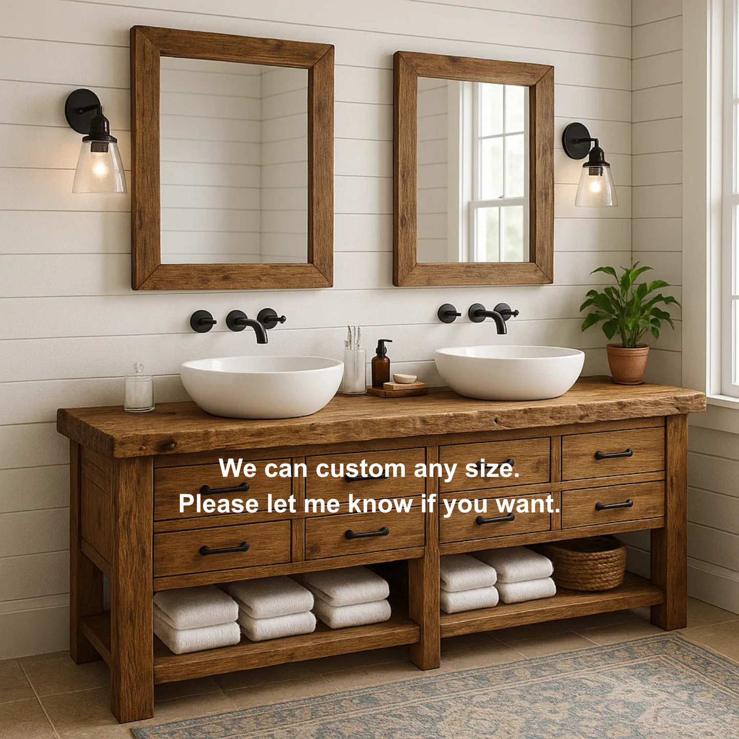 Handcrafted Solid Wood Double Sink Vanity – Rustic Farmhouse Base with 8 Drawers and Open Shelf Kitchnce