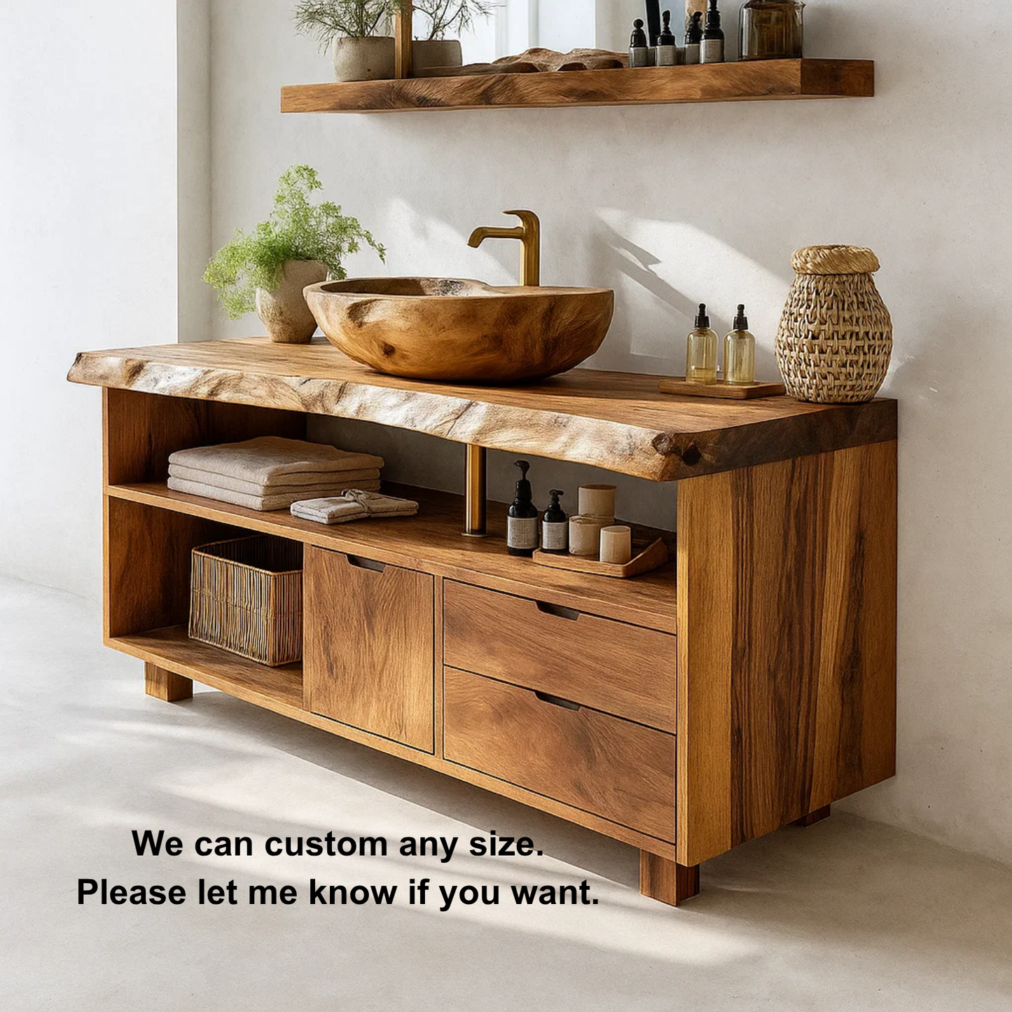 Handcrafted Solid Wood Live-Edge Vanity Base – Organic Modern Bathroom Console with Shelves and Drawers Kitchnce