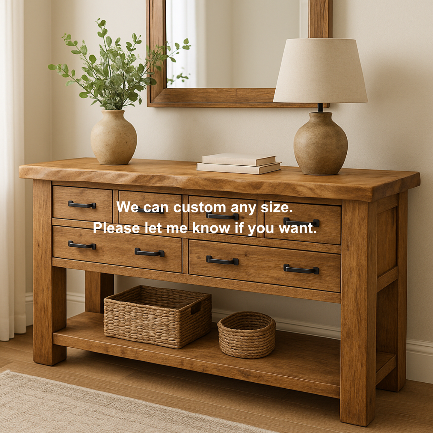 Handcrafted Solid Wood Console Table – Rustic Farmhouse Design with 6 Drawers & Open Shelf Kitchnce
