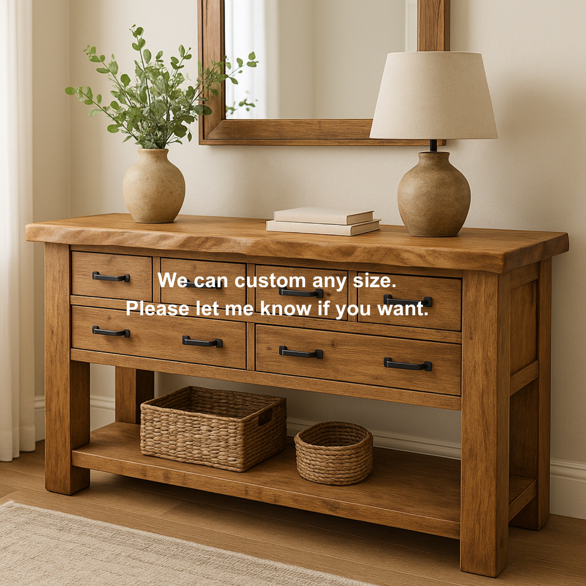 Handcrafted Solid Wood Console Table – Rustic Farmhouse Design with 6 Drawers & Open Shelf Kitchnce
