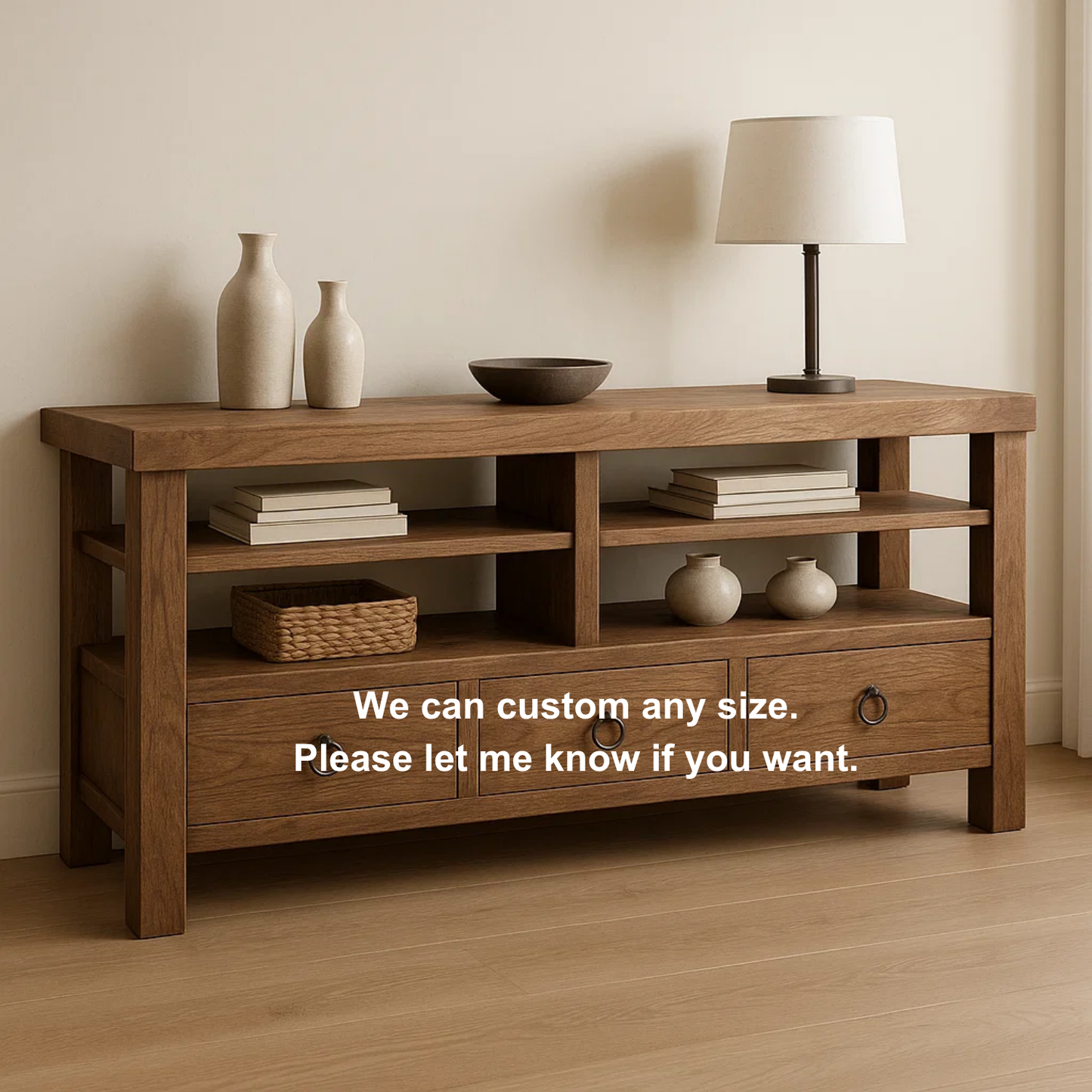 Handcrafted Solid Wood Console Table – Rustic Open Shelf Design with Drawers and Natural Finish Kitchnce