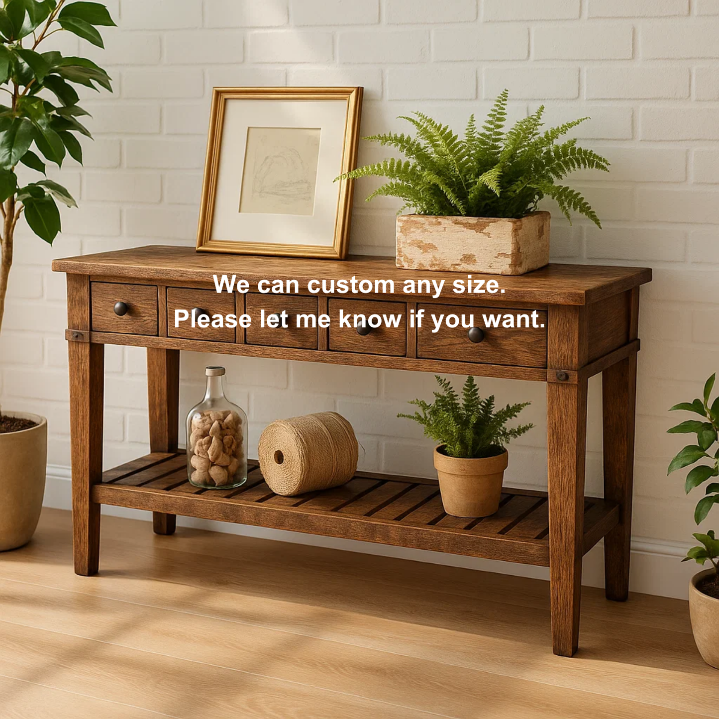 Handcrafted Solid Wood Console Table – Rustic Farmhouse Entryway Table with Drawers and Shelf Kitchnce