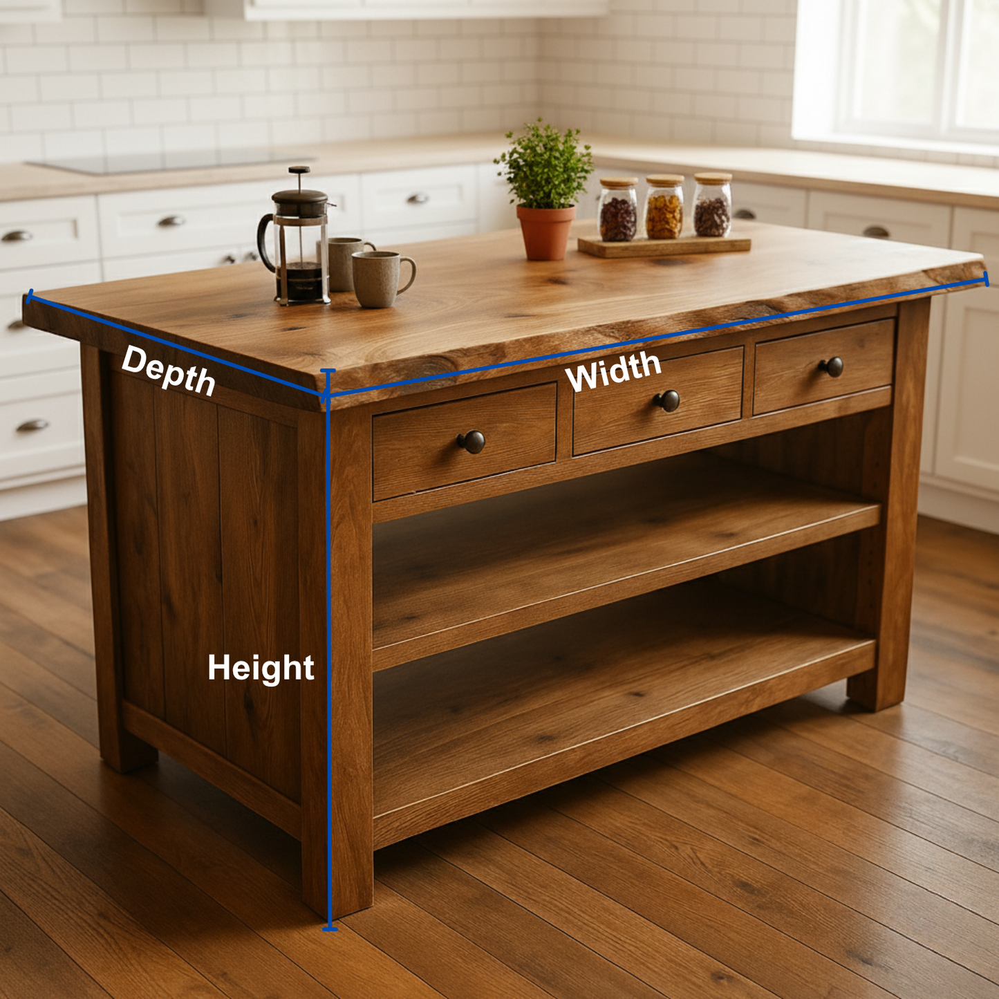 Rustic Farmhouse Kitchen Island: Solid Wood Prep Station with 3 Drawers