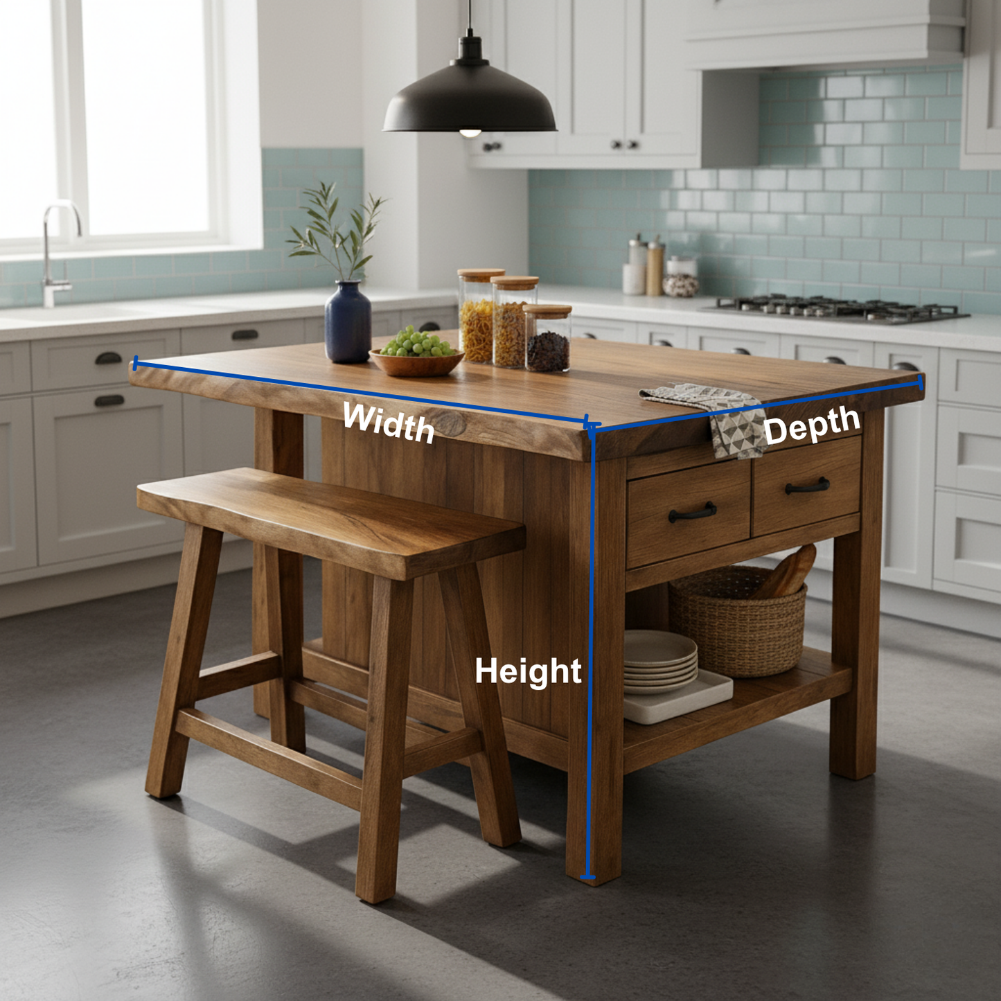 Live Edge Solid Wood Kitchen Island with Storage Drawers - Rustic Farmhouse Butcher Block Station
