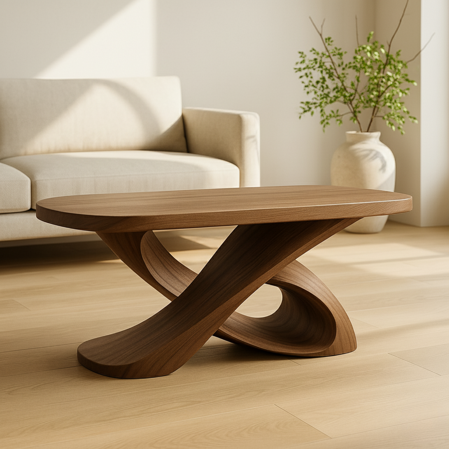 Handcrafted Sculptural Solid Wood Coffee Table – Twisted Cross Base for Modern Organic Interiors Kitchnce