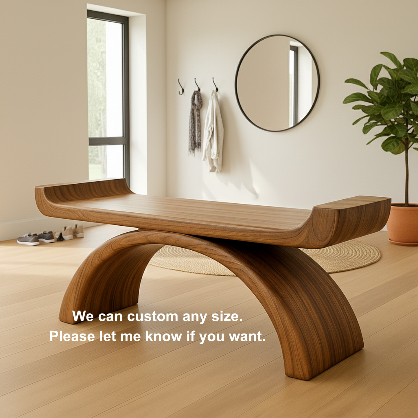 Handcrafted Sculptural Solid Wood Bench – Curved Arch Design for Modern Entryway or Living Space Kitchnce