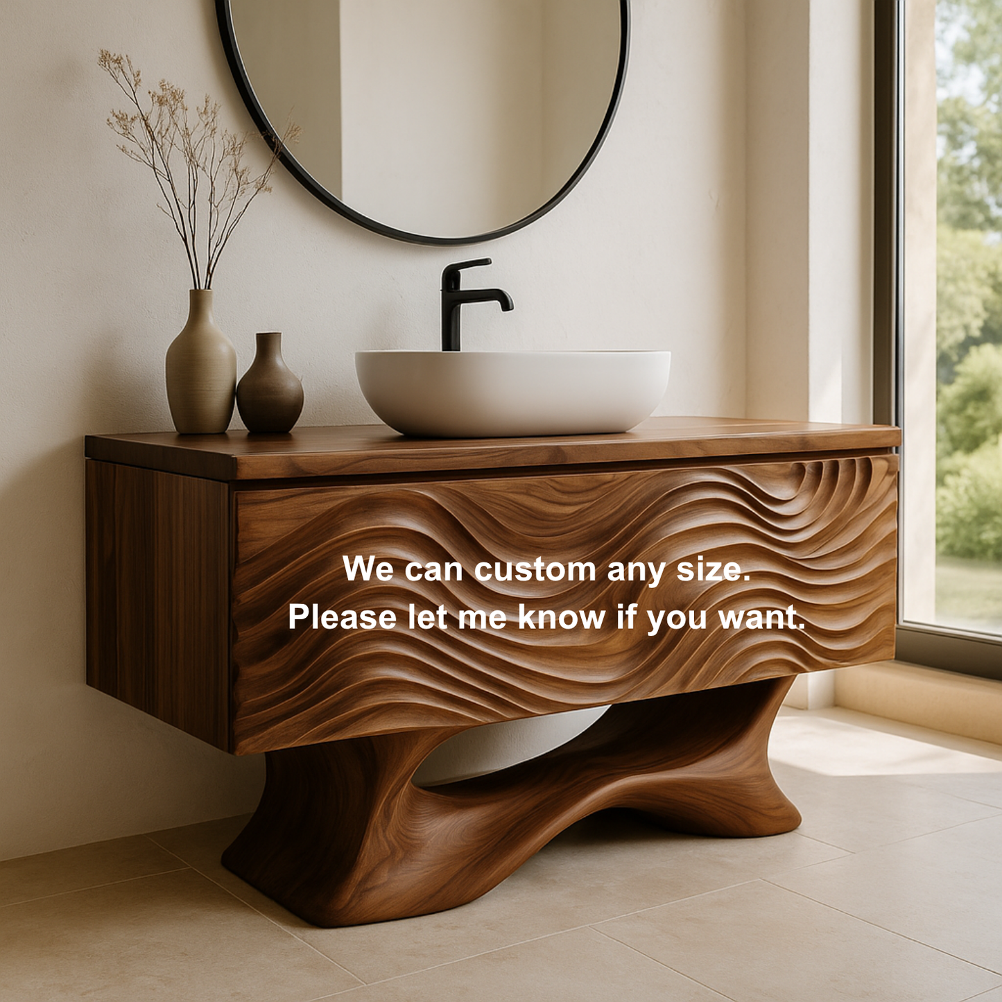 Handcrafted Solid Wood Bathroom Vanity – Sculptural Wave Front Floating Design for Modern Interiors Kitchnce