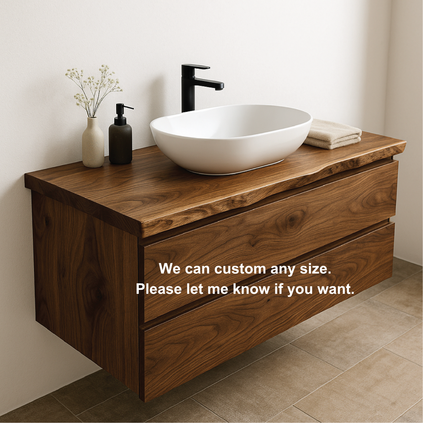 Handcrafted Solid Walnut Floating Vanity – Live Edge Bathroom Vanity for Modern Organic Spaces Kitchnce