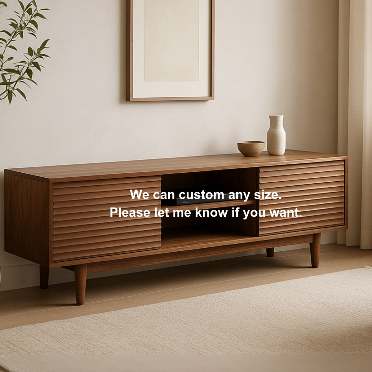 Handcrafted Solid Wood TV Stand – Modern Ribbed Door Media Console for Living Room Kitchnce