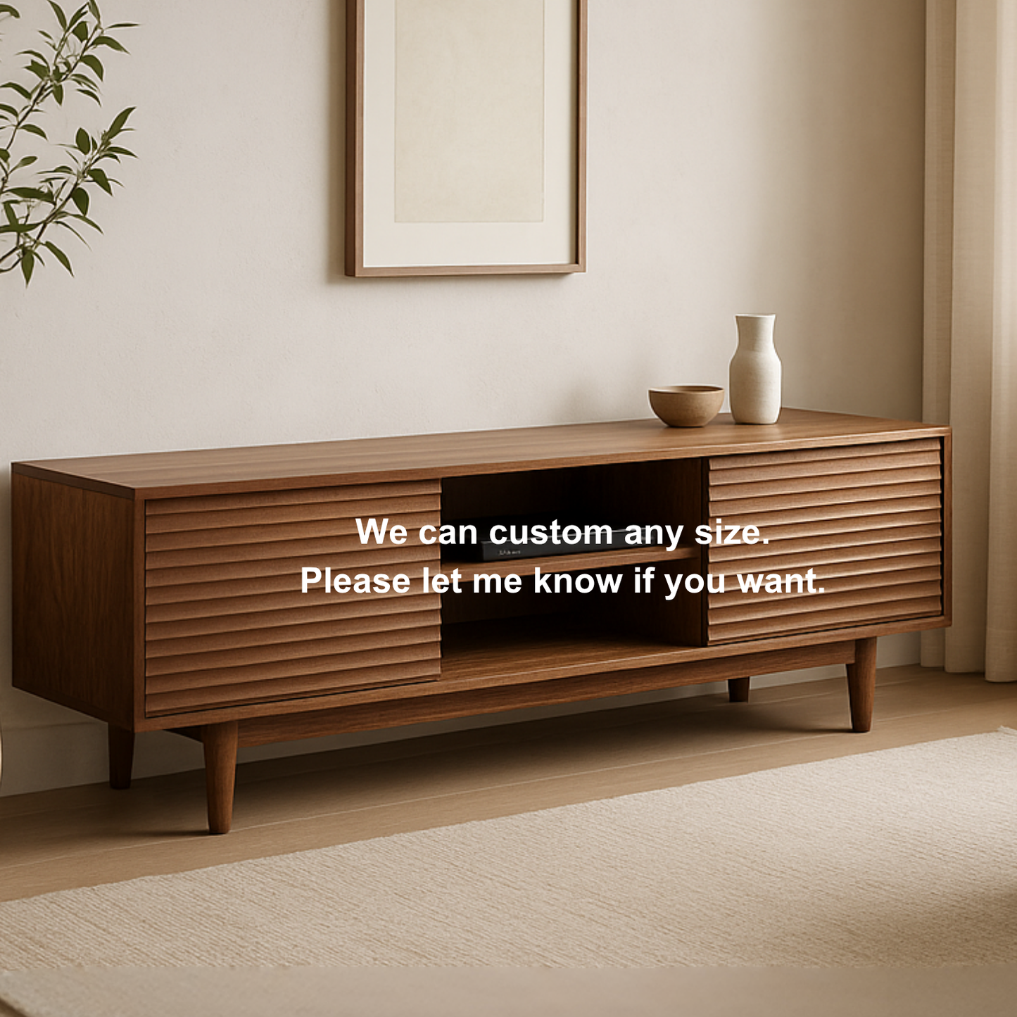 Handcrafted Solid Wood TV Stand – Modern Ribbed Door Media Console for Living Room Kitchnce
