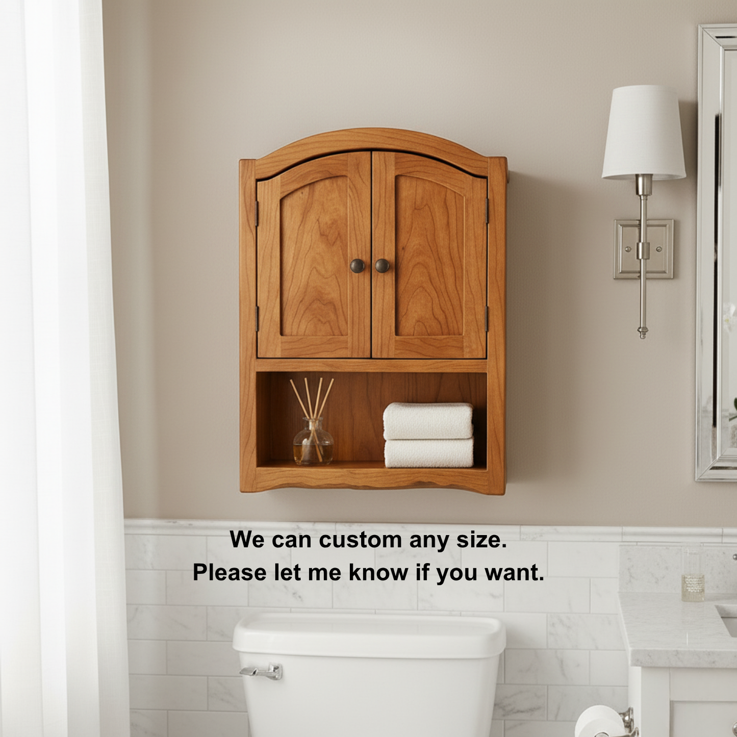 Handcrafted Solid Wood Wall Cabinet with Arched Doors and Open Shelf Storage Kitchnce