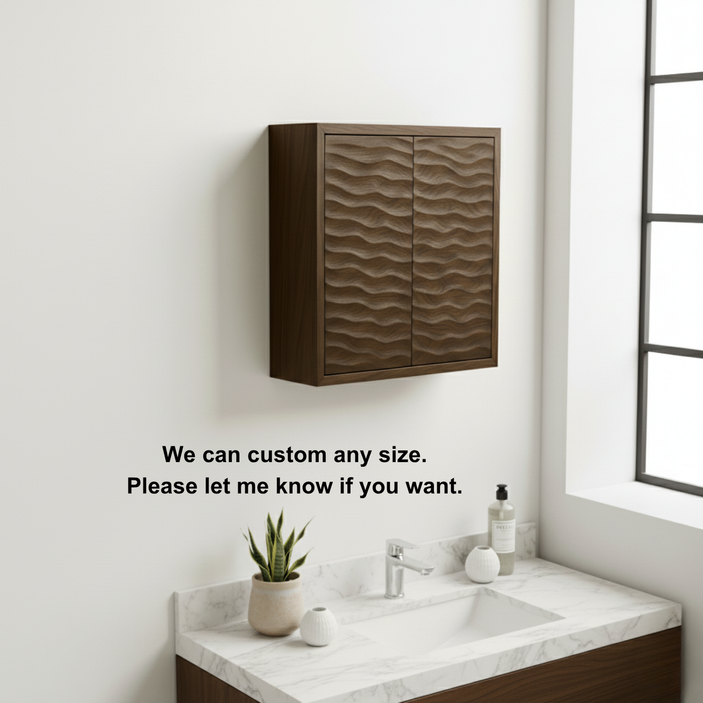 Handcrafted Solid Wood Wave Wall Cabinet with Double Doors for Modern Bathrooms Kitchnce