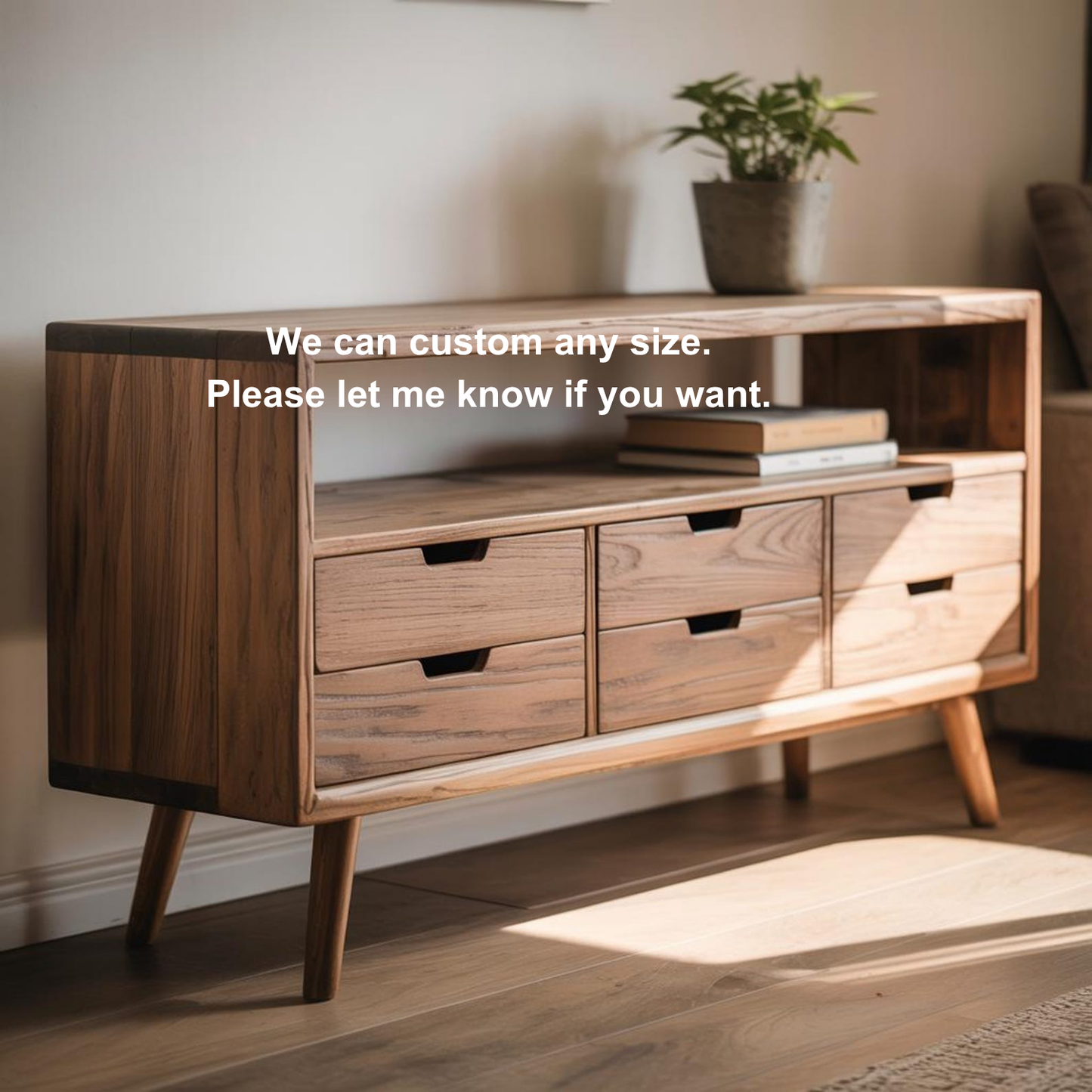 Handcrafted Solid Wood Sideboard – Mid-Century Console Table with Drawers and Open Shelf Kitchnce
