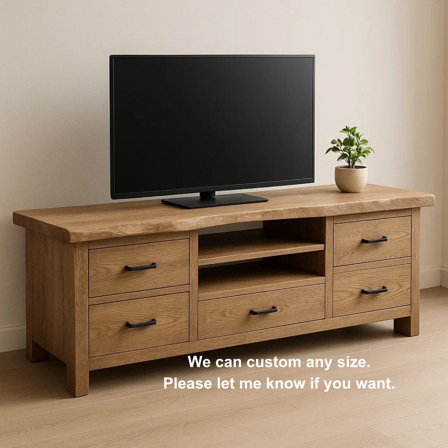 Handcrafted Solid Wood TV Stand with Live Edge Top – Rustic Modern Media Console with Drawers & Open Shelves