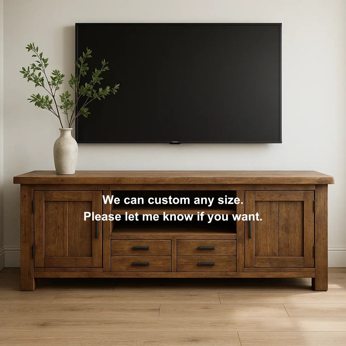 Handcrafted Solid Wood TV Stand – Rustic Farmhouse Media Console with Drawers, Cabinets & Open Shelves Kitchnce